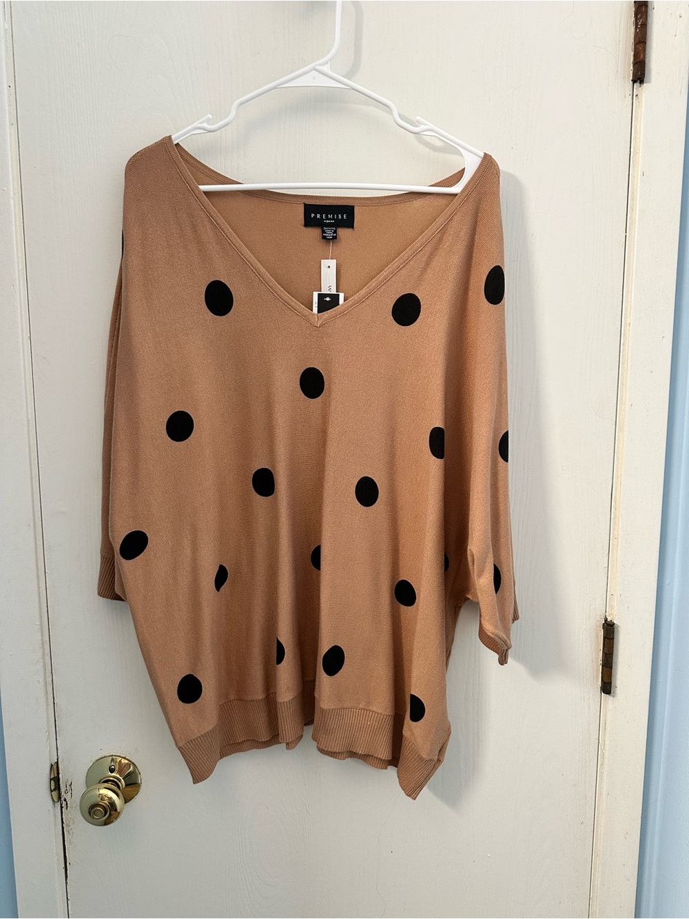 Premise Tan V-Neck Sweater with Black Polka Dots